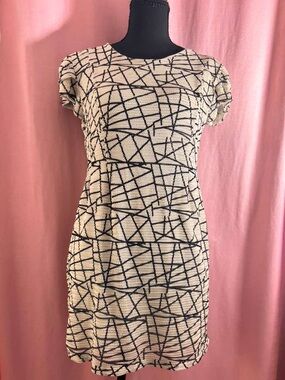 Cream and Black Geometric Short Sleeve Mini Dress